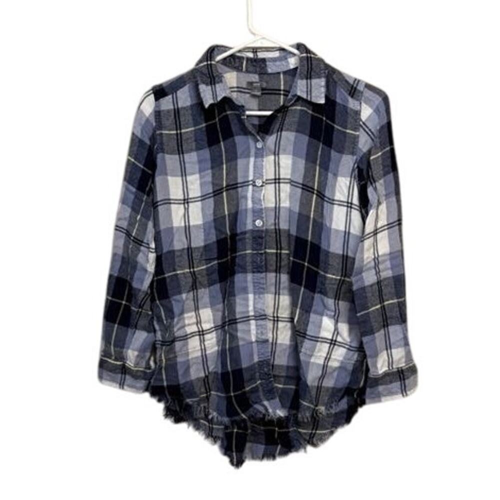 Aerie Flannel Shirt Button Up Long Sleeve Raw Fringed Hem Plaid Navy Size Small